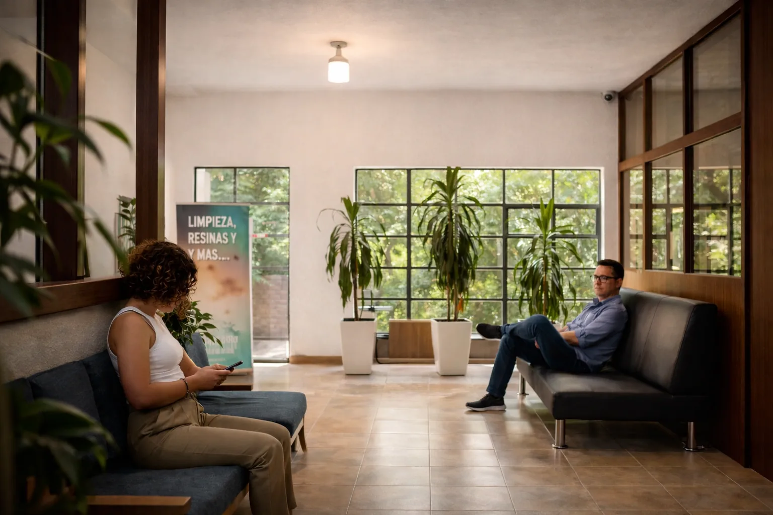 Sala de espera Ulloa Clínica Dental — ambiente cálido y moderno, Naucalpan