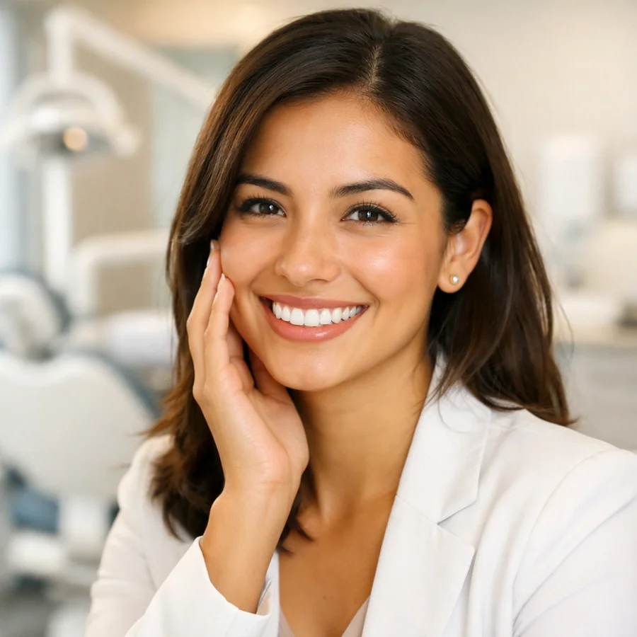 Paciente con sonrisa perfectamente alineada — resultado de ortodoncia en Ulloa Clínica Dental, 50 años en Naucalpan