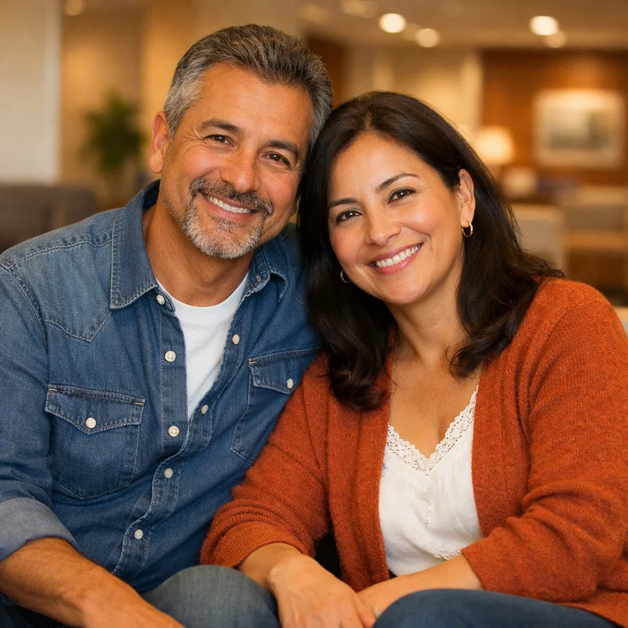 Pareja sonriendo con encías saludables — Ulloa Clínica Dental, 50 años en Naucalpan