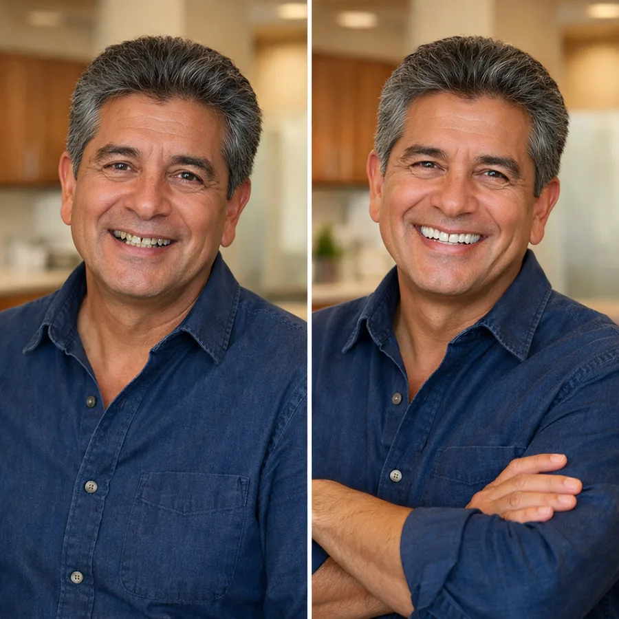 Paciente orgulloso de su nueva sonrisa tras rehabilitación oral completa — Ulloa Clínica Dental, 50 años en Naucalpan